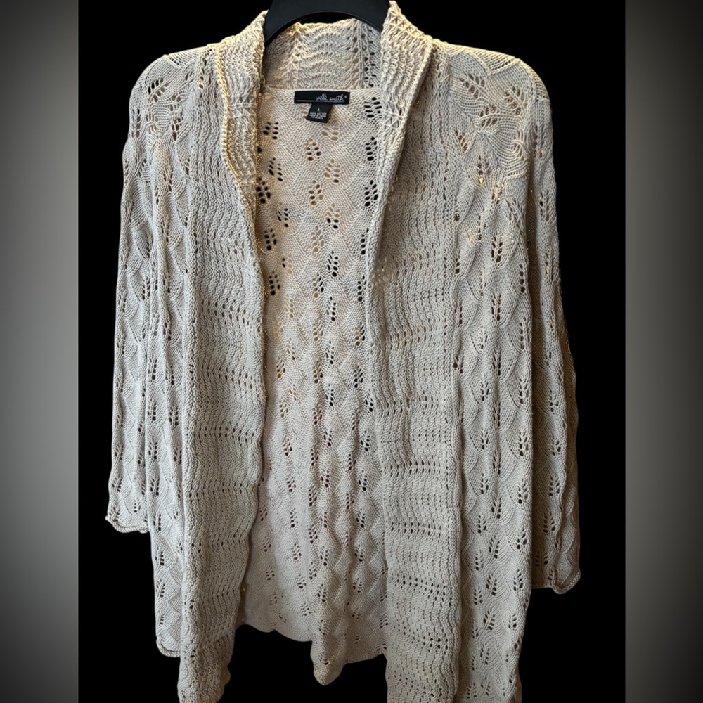 Women's Beige Crochet Cardigan Open Sweater size large with scalloped edges.
